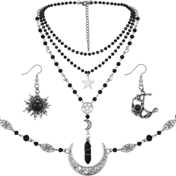 Jewelry - Gothic Sun Moon Jewelry Set Women Multilayer Choker Earrings Witch Costume